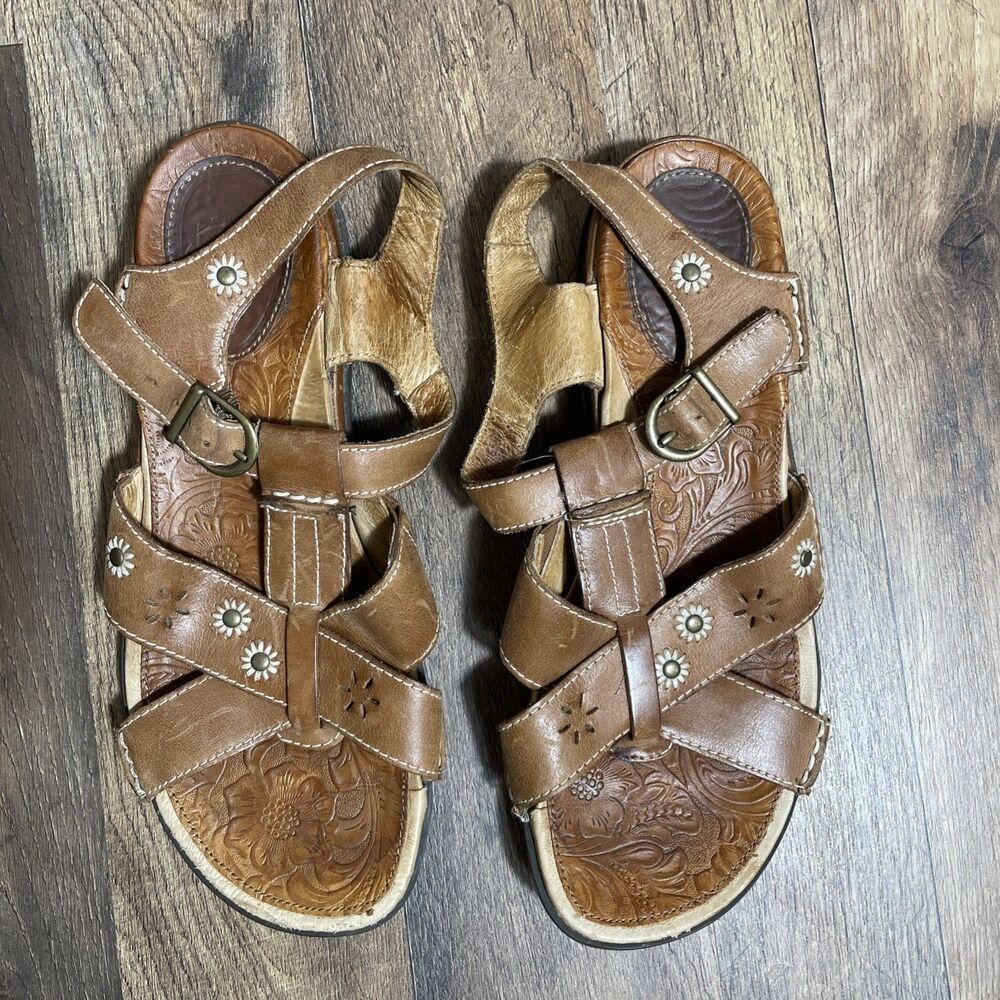 Ariat Womens Leather Sandals Sz 9 Brown Embossed Floral Western Comfort Walking